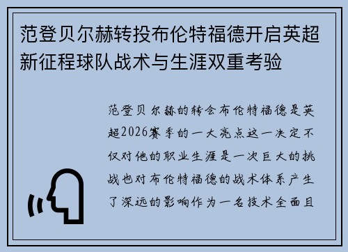 范登贝尔赫转投布伦特福德开启英超新征程球队战术与生涯双重考验